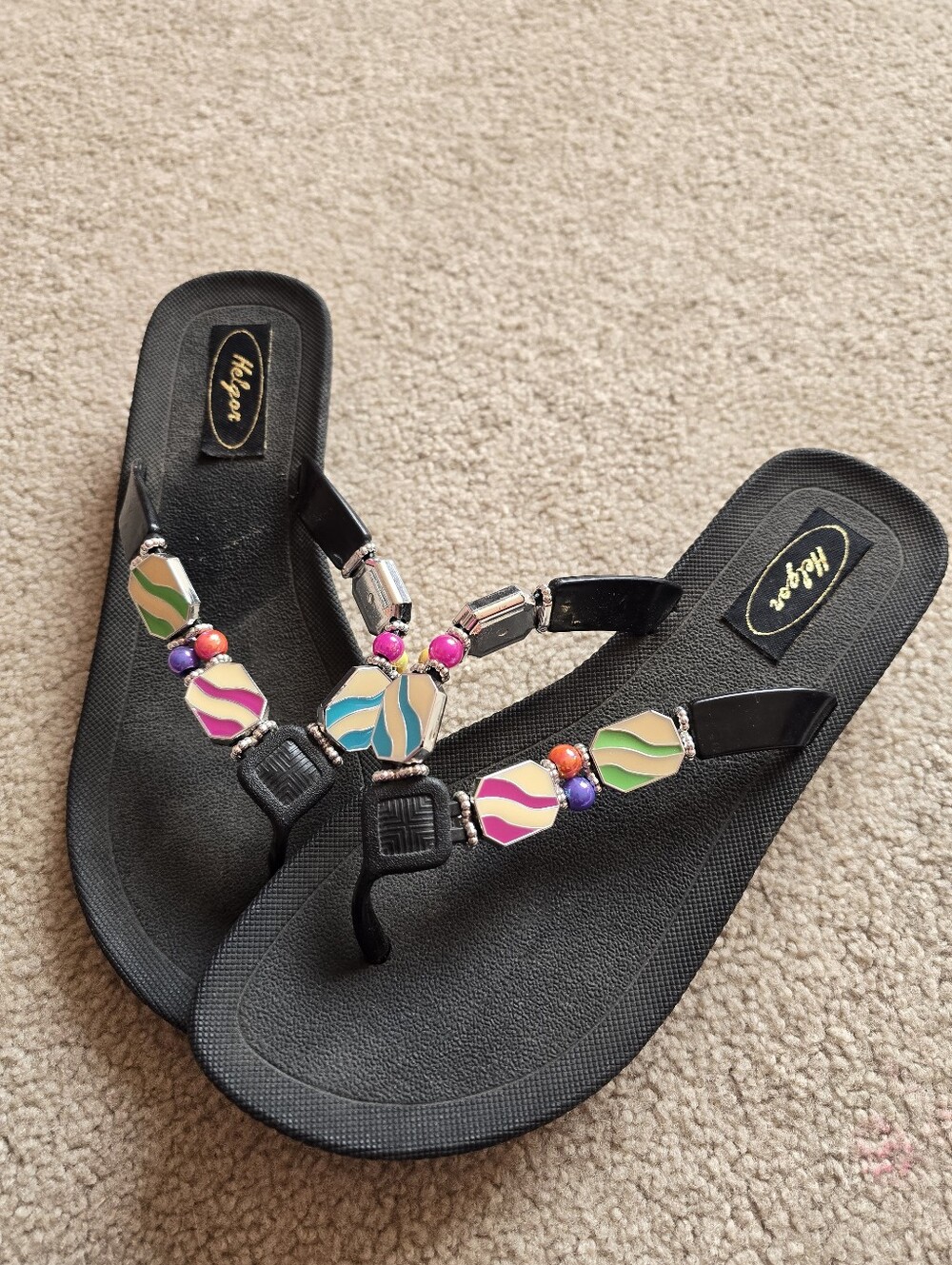 Helgor Black Colorful Beaded Embellished Flip Flop Sandals Size 8